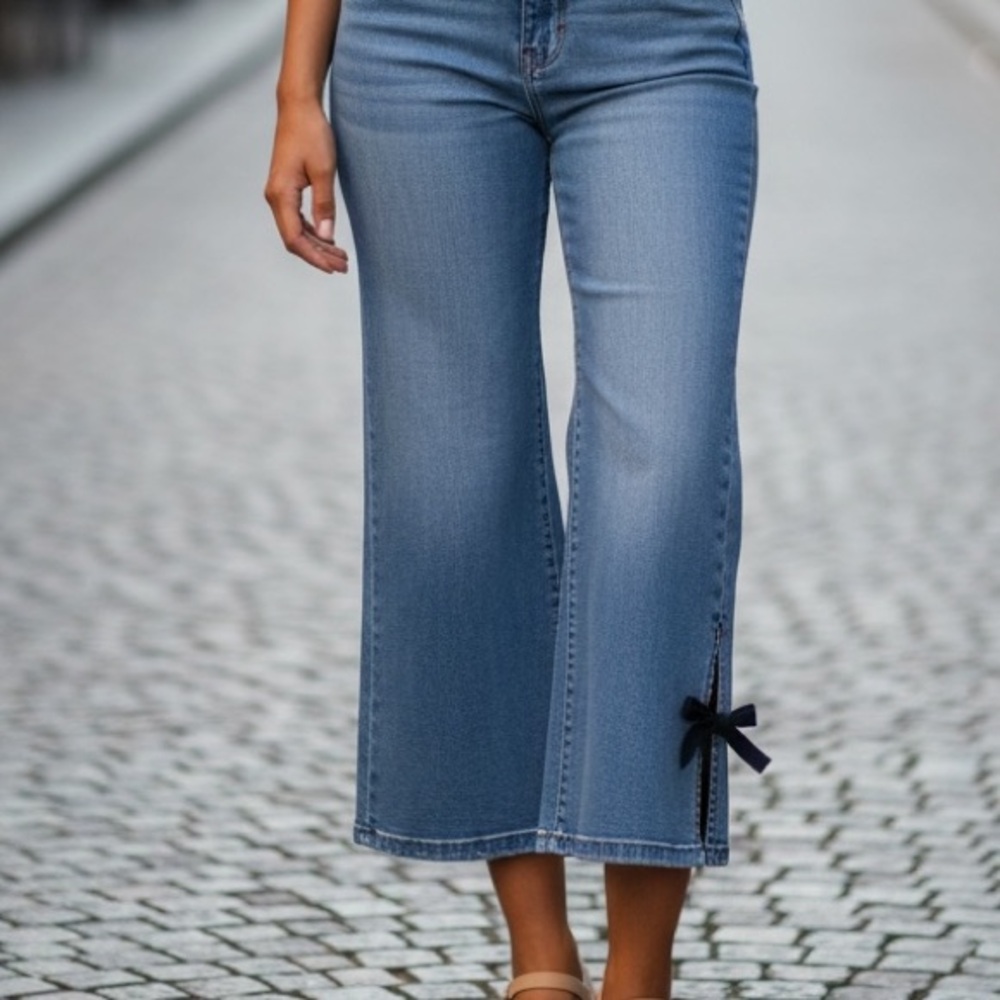 Girls Blue Ankle Jeans with Bow Detail